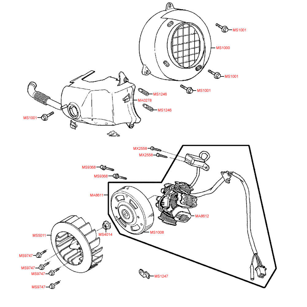 E07 alternator, air baffler & cylinder cover